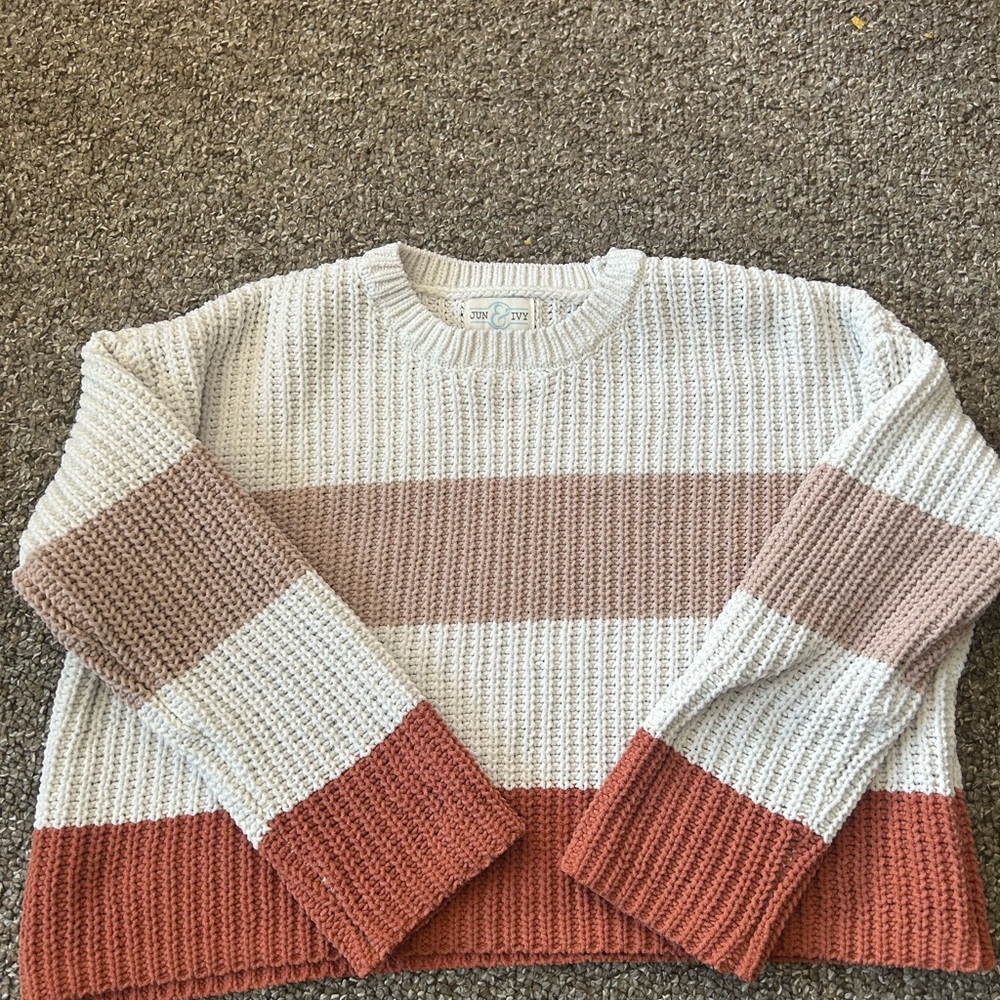 Old Navy Textured Striped Sweater - Cream, Tan, and Red